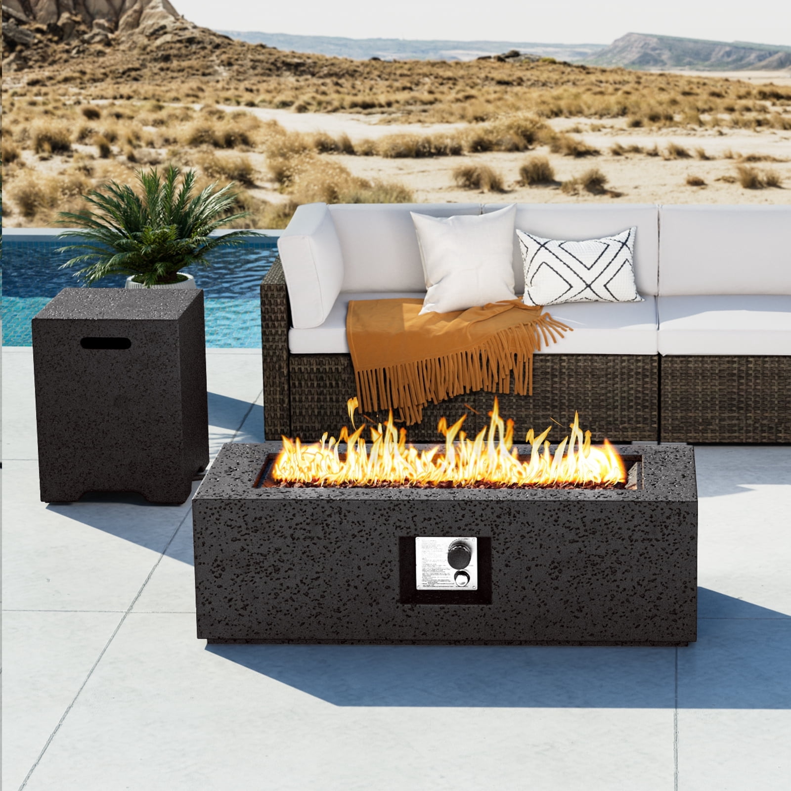 VENTOPYR 42" Rectangular Propane concrete Fire Pit Table with Tank Table