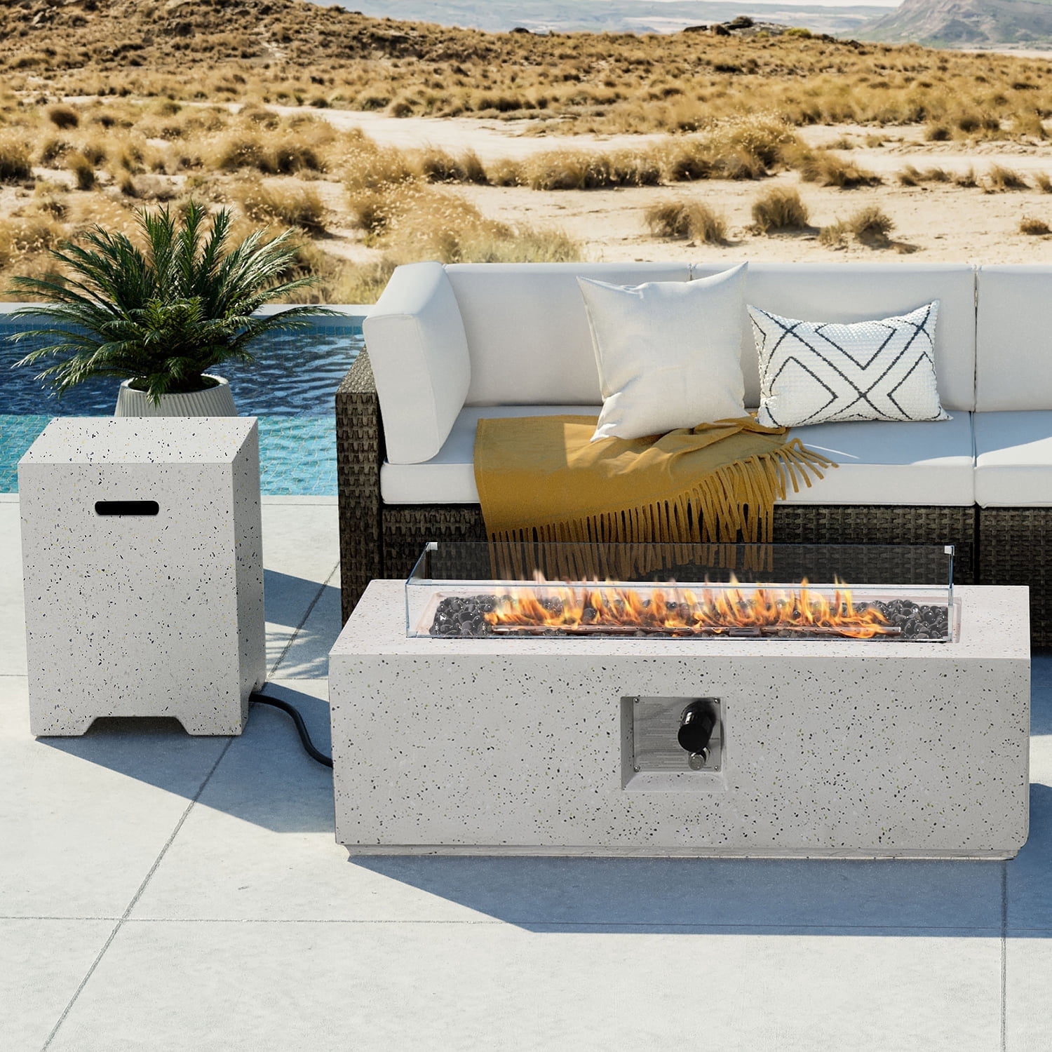 VENTOPYR 42" Rectangular Propane concrete Fire Pit Table with Wind Guard, Tank Table & Fire Glass​​