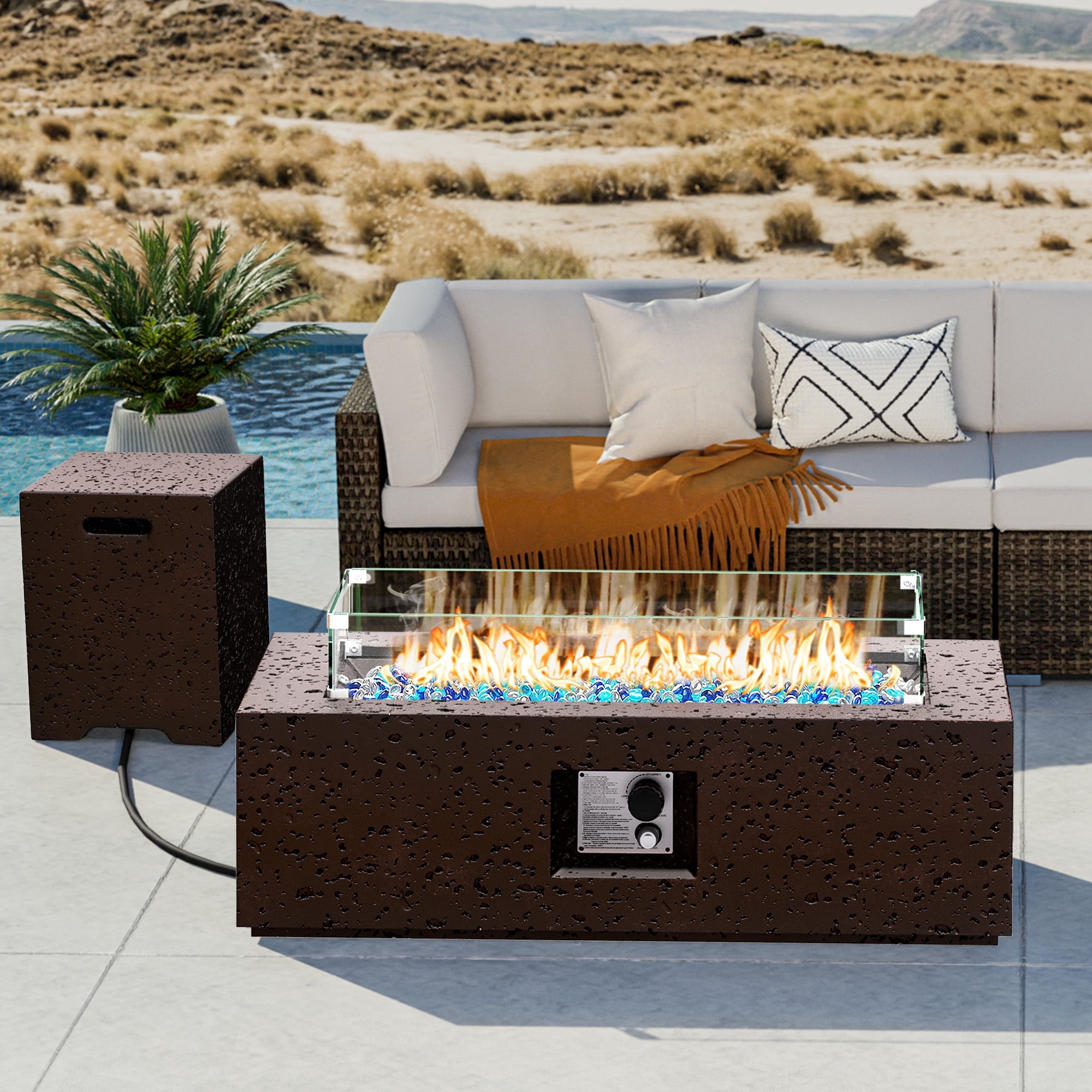 COSIEST 42" Rectangular Propane concrete Fire Pit Table with Wind Guard, Tank Table & Fire Glass​​