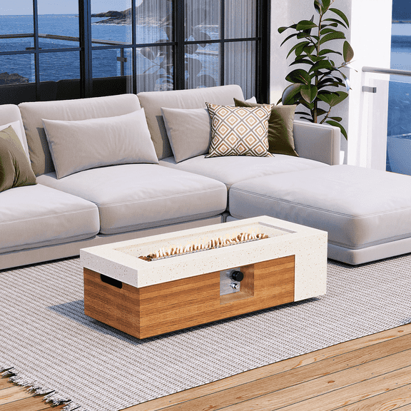 COSIEST 42" Rectangle Dual-Texture Concrete Fire Pit Table with Cover & Lava Rocks