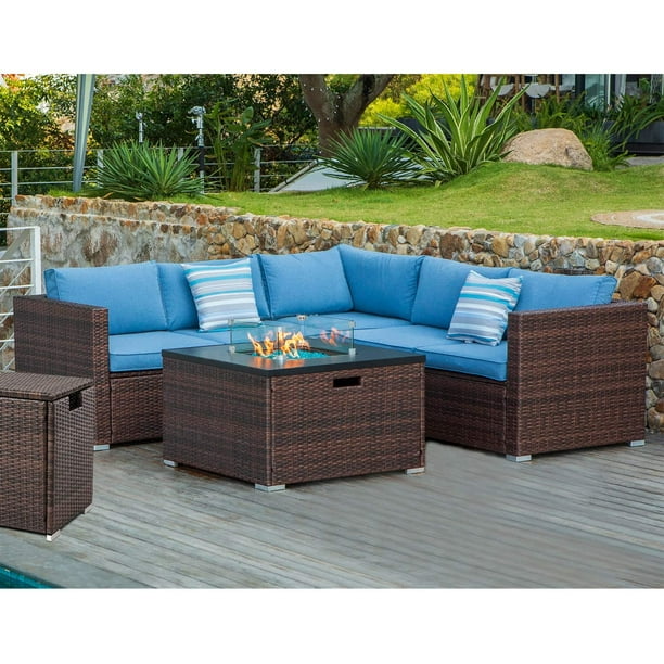 COSIEST 5Piece Outdoor Brown Wicker Sectional Sofa, Propane Fire Pit