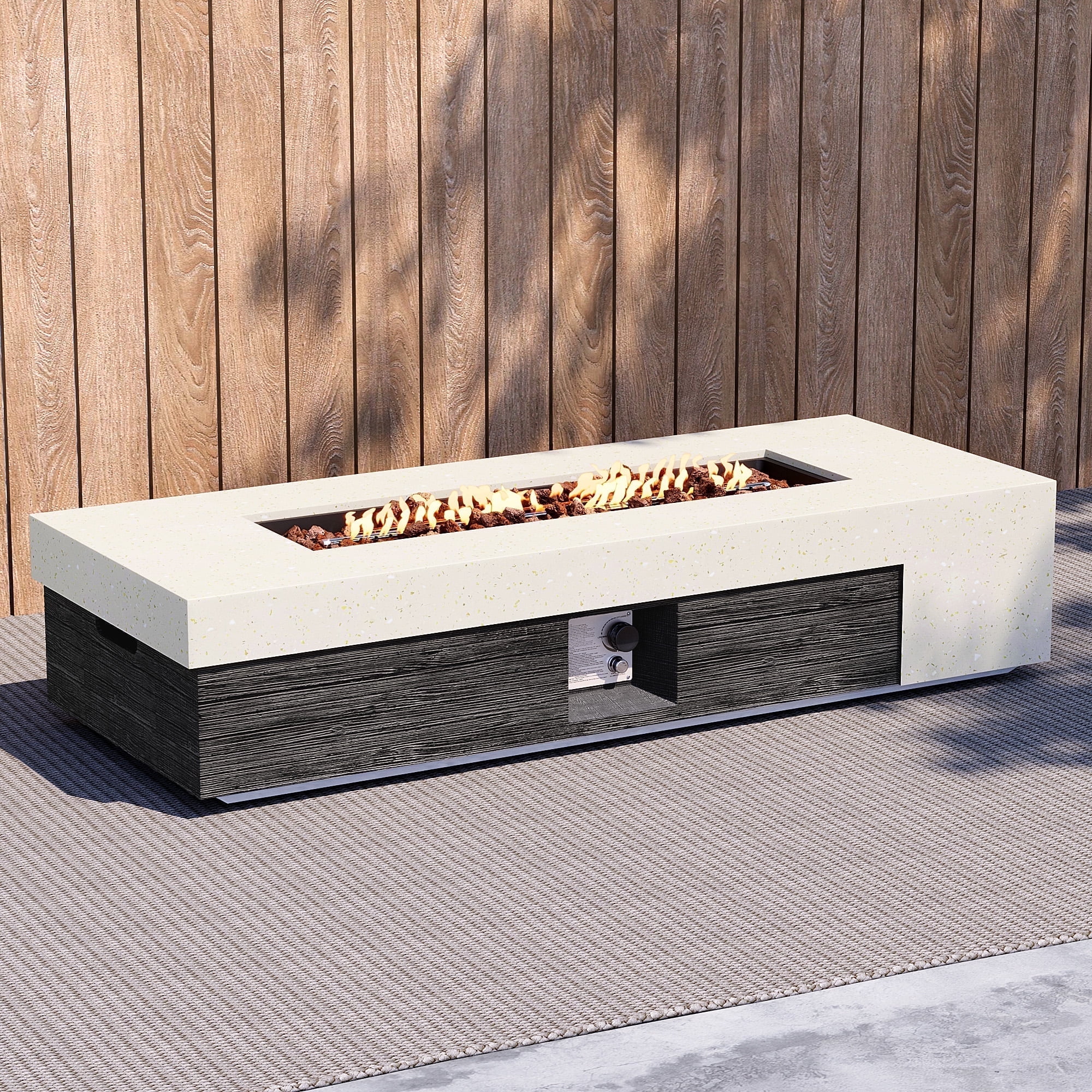COSIEST 56" Rectangle Dual-Texture Concrete Fire Pit Table with Cover & Lava Rocks