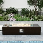 COSIEST 56" Rectangular Concrete Outdoor Fire Pit Table with Wind Guard & Fire Glass​