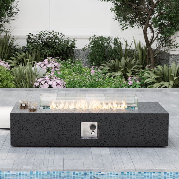 VENTOPYR 56" Rectangular Concrete Outdoor Fire Pit Table with Wind Guard & Fire Glass