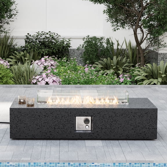 VENTOPYR 56" Rectangular Concrete Outdoor Fire Pit Table with Wind Guard & Fire Glass​