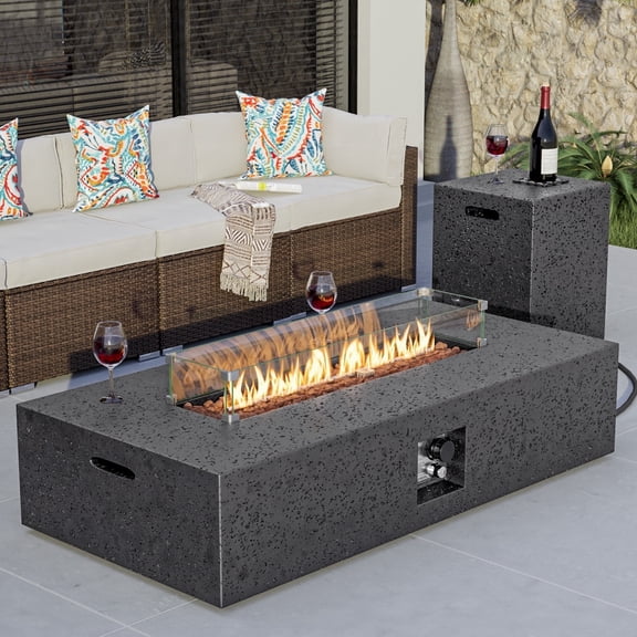 VENTOPYR 56''Outdoor Propane Rectangle Fire Pit Table,Concrete Fire Pit with Tank and Windproof Glass