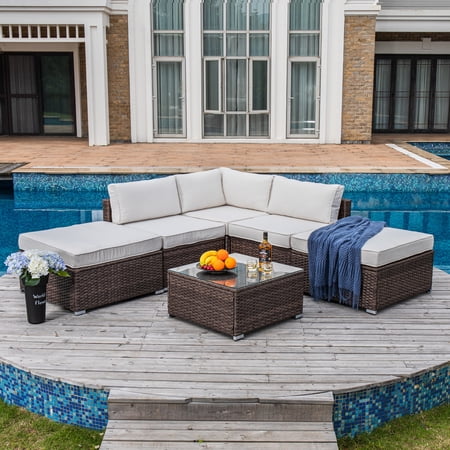 COSIEST 6-Piece Outdoor Furniture Set Brown Wicker Sectional Sofa