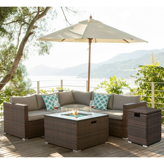 COSIEST 6-Piece Propane Fire Pit Outdoor Brown Wicker Patio Sofa Set w Wind Guard, Tank Table, for Garden, Backyard