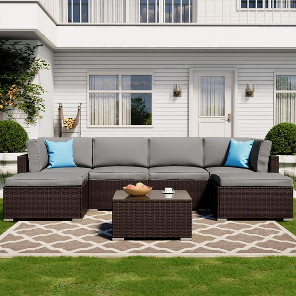 COSIEST 7-Piece Outdoor Patio Furniture Set, Chocolate Brown Wicker Sectional Sofa with Dark Grey Cushions And Coffee Table