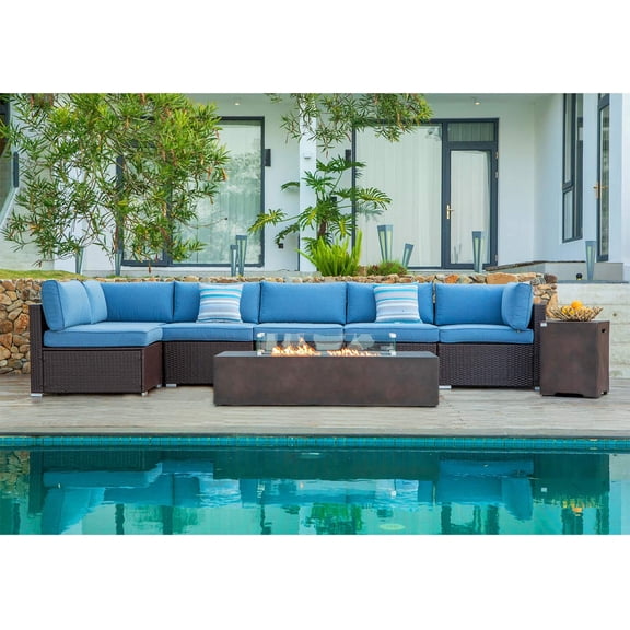 COSIEST 8 Piece 6-Seaters Propane Fire Pit Outdoor Patio Brown Wicker Sectional Sofa