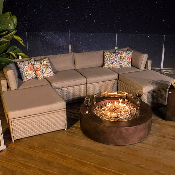 COSIEST 8-Piece Propane Firepit Table Outdoor Warm Gray Wicker Sectional Sofas