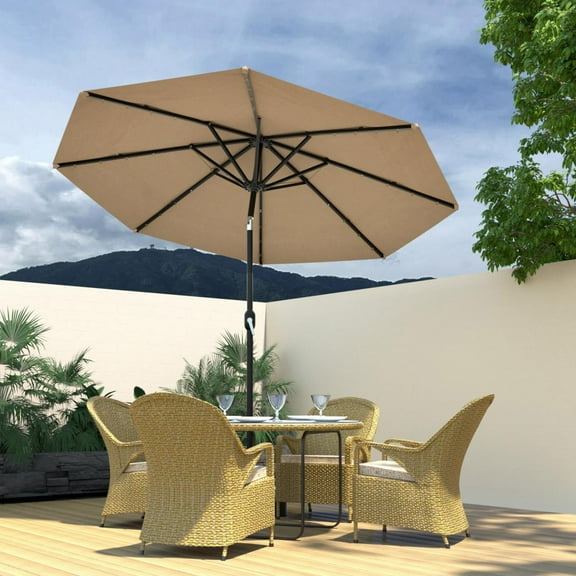 COSIEST 9FT Solar LED Patio Umbrella with Crank Lift,8-Rib Aluminum Outdoor Umbrella for Garden/Pool
