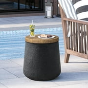 VENTOPYR Concrete Outdoor Side Table with Wood Grain Top,Small Jar Shaped Round Accent End Table for Patio, Garden,Black