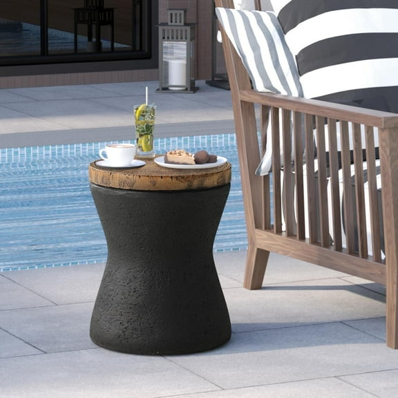 VENTOPYR Concrete Outdoor Side Table with Wood Grain Top,Small Hourglass Shaped Round Accent End Table for Patio, Garden,Black
