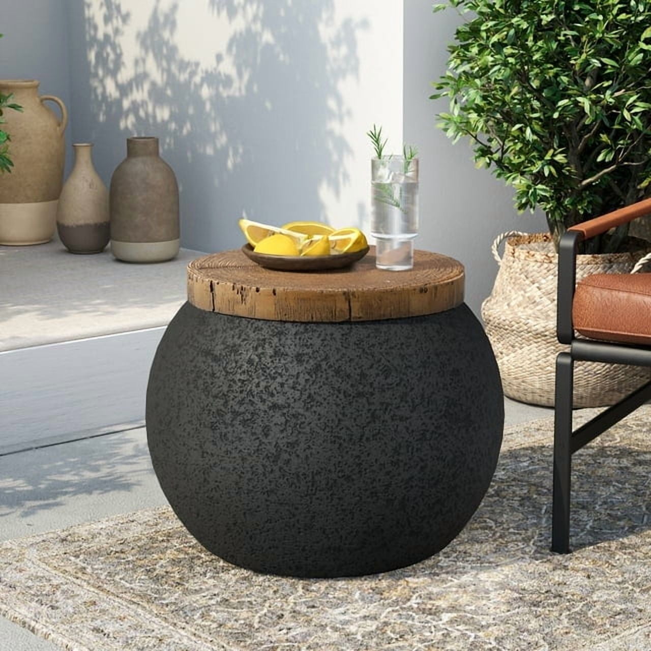 VENTOPYR Concrete Outdoor Side Table with Wood Grain Top,Small Jar Shaped Round Accent End Table for Patio, Garden,Black