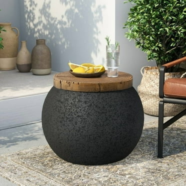 VENTOPYR Concrete Outdoor Side Table with Wood Grain Top,Small Jar Shaped Round Accent End Table for Patio, Garden,Black