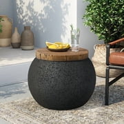VENTOPYR Concrete Outdoor Side Table with Wood Grain Top,Small Jar Shaped Round Accent End Table for Patio, Garden,Black