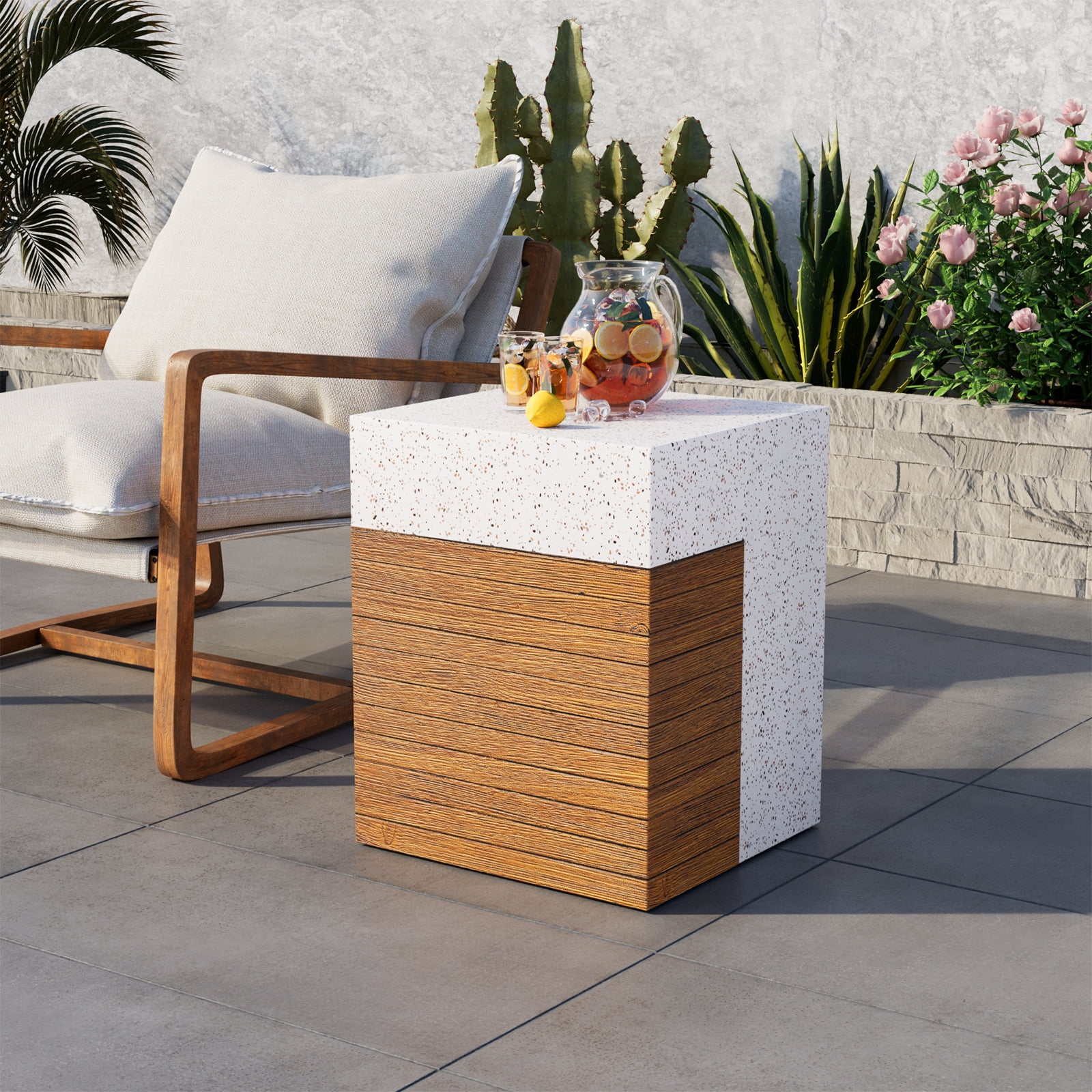 LuxenHome Fluted Concrete Look Accent Table – 18.1"H Round Outdoor Side Table, White & Gray, For Patio Garden