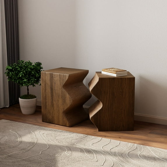 COSIEST Concrete Side Table, Set of 2 Rectangular Outdoor Side Tables, Decorative Garden Stools for Indoor Outdoor, Accent Table Patio Side Table Nesting End Table w Light Oak Colored Faux Wood