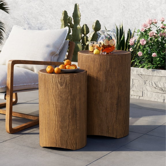 VENTOPYR 2-Piece Round Outdoor Side Tables, Nesting Faux Wood Garden Stools, Magnesium Oxide (MGO) Waterproof Accent Table Set for Patio, Balcony, Living Room, Wood Grain Brown
