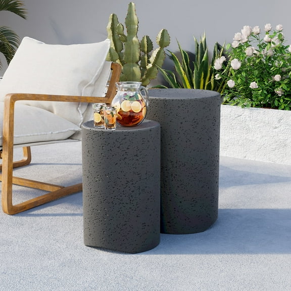 COSIEST Set of 2 Round Outdoor Concrete Side Tables, Decorative Garden Stools for Indoor Outdoor