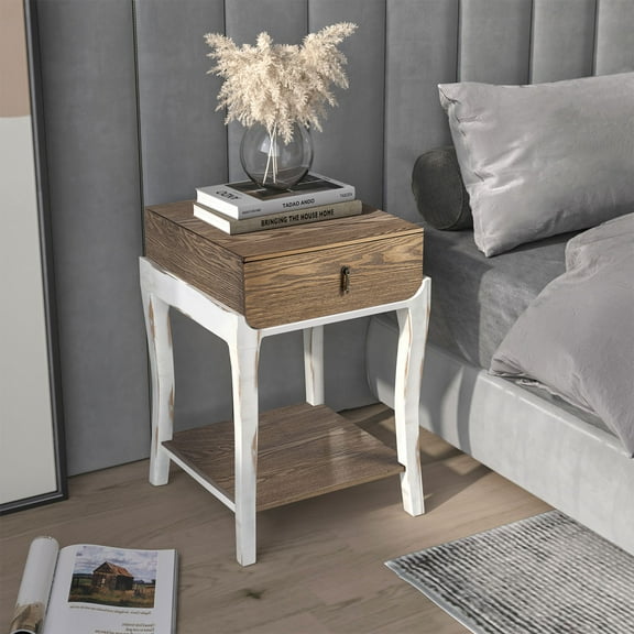 COSIEST Farmhouse 2-Tier Wood Square Brushed Nightstand Accent End Table with Drawer