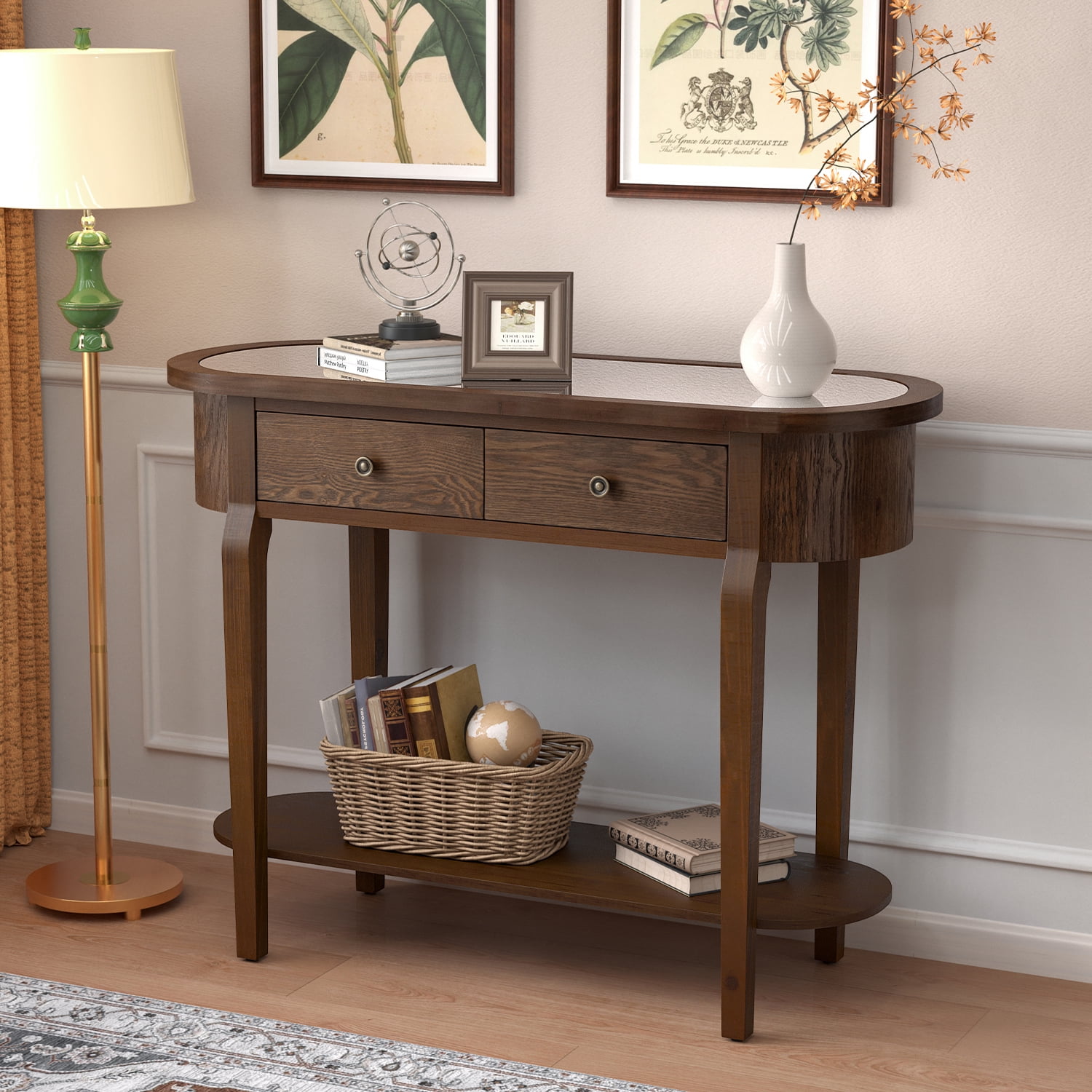 COSIEST Farmhouse Mirrored Tabletop Brown Wood Console Table with 2 ...