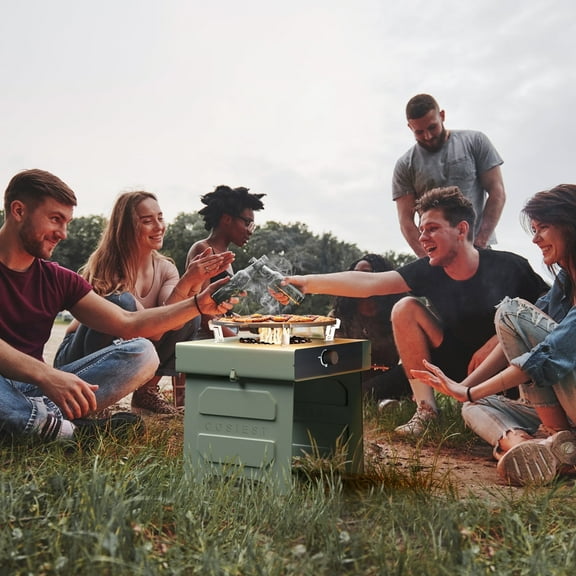 COSIEST Foldable Outdoor Propane Fire Pit, 15.7 inch Smoke Less Fire Table with Baking Tray, Mini Stainless Seel Iron Fire Pit with Portable Bag, Fire Glass for BBQ, Camping, Party, Yard, Green