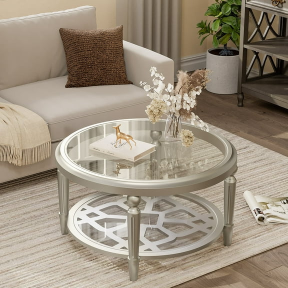 COSIEST Home Modern Round Champagne Glass Coffee Table with Shelf for Livingroom