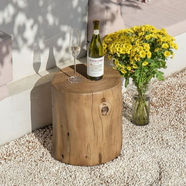 COSIEST Light Brown Concrete End Table with Wood Tree Trunk Design