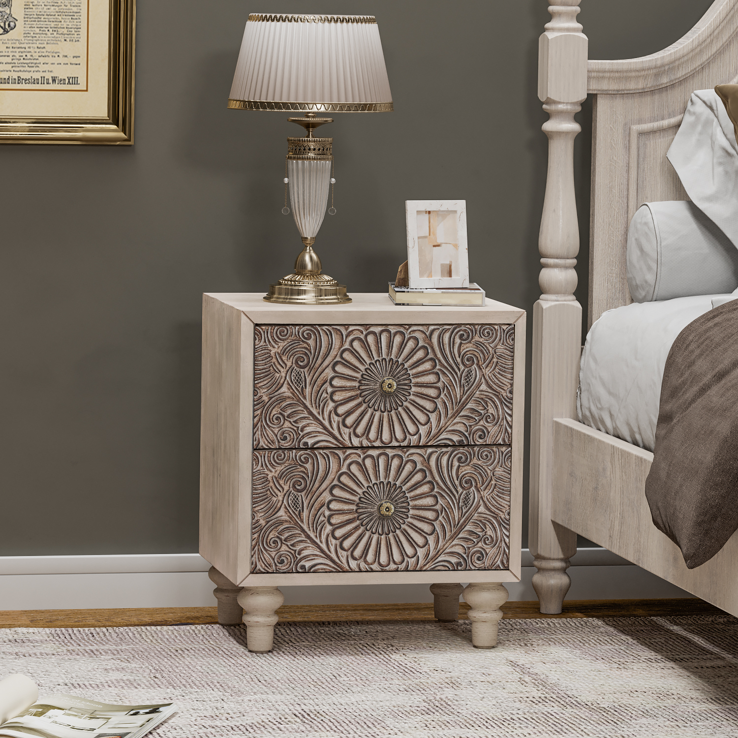 COSIEST Vintage Style 2-Drawer Nightstand, Light Gray MDF End Table ...