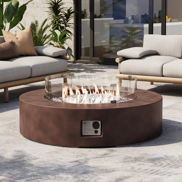 COSIEST MGO Outdoor Propane Fire Pit Table with Wind Guard, Transparent Gray Fire Glass, Waterproof Cover for Garden, Backyard