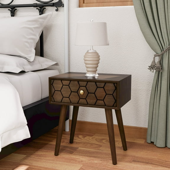 COSIEST Mid-Century 1-Drawer Nightstand Brown Modern MDF Bedside Table Wood Accent End Table, for Bedroom, Living Room