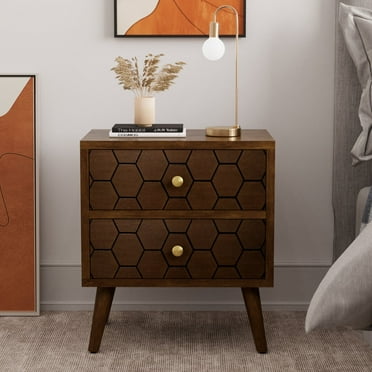 COSIEST Mid-Century Brown 4-Legs Nightstands with 2-Drawers