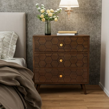 COSIEST Modern Nightstand with 3 Drawers,Honeycomb Pattern Wood Accent Table for Bedroom,Living Room