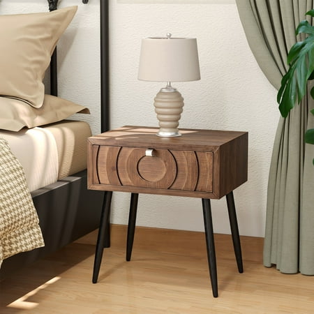 COSIEST Mid-Century Modern Brown MDF Bedside Table Nightstand with One Drawer for Living Room