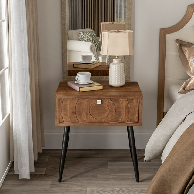 COSIEST Mid-Century Modern Brown MDF Bedside Table Nightstand with One Drawer for Living Room