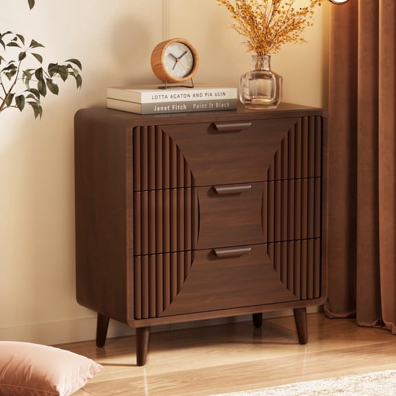 COSIEST Mid-Century Nightstand, Modern End Table w Striped Pattern, Vintage Accent Furniture w Storage Drawer, Wood Small Accent Table for Bedroom, Living Room