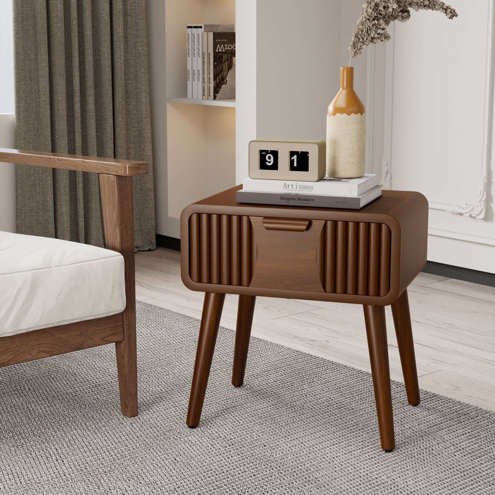 Mid-Century Modern Brown Wood 1-Drawer Nightstand