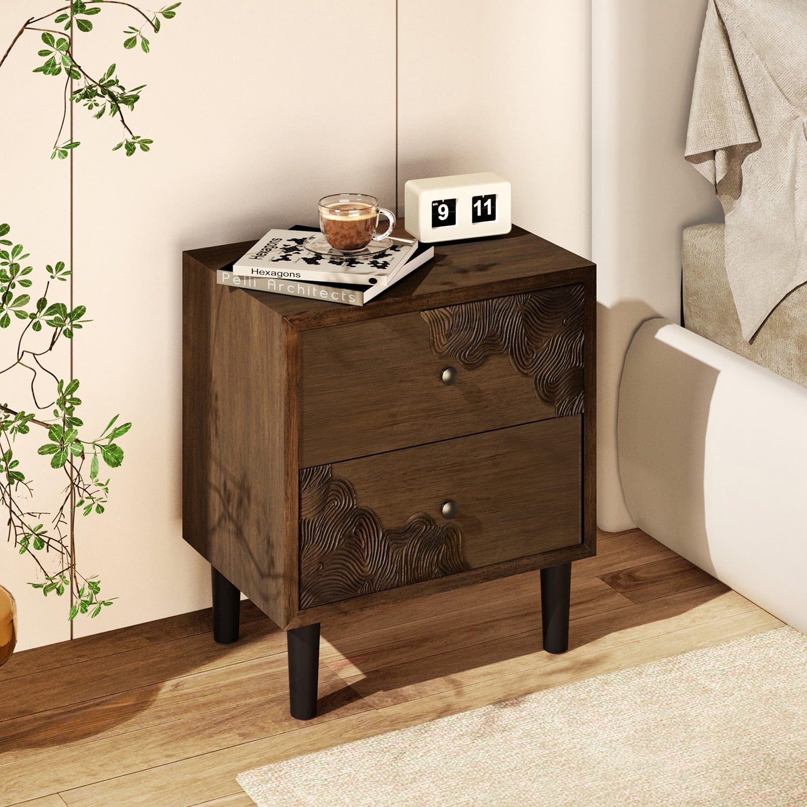 COSIEST Nightstand with 2 Storage Drawers, Mid Century Modern End Table, Accent Side Table, Vintage Wood Luxury Night Stand for Bedroom, Living Room, Walnut