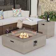 COSIEST Outdoor 35-inch Square Sandstone Propane Fire Pit w Wind Guard and Side Table