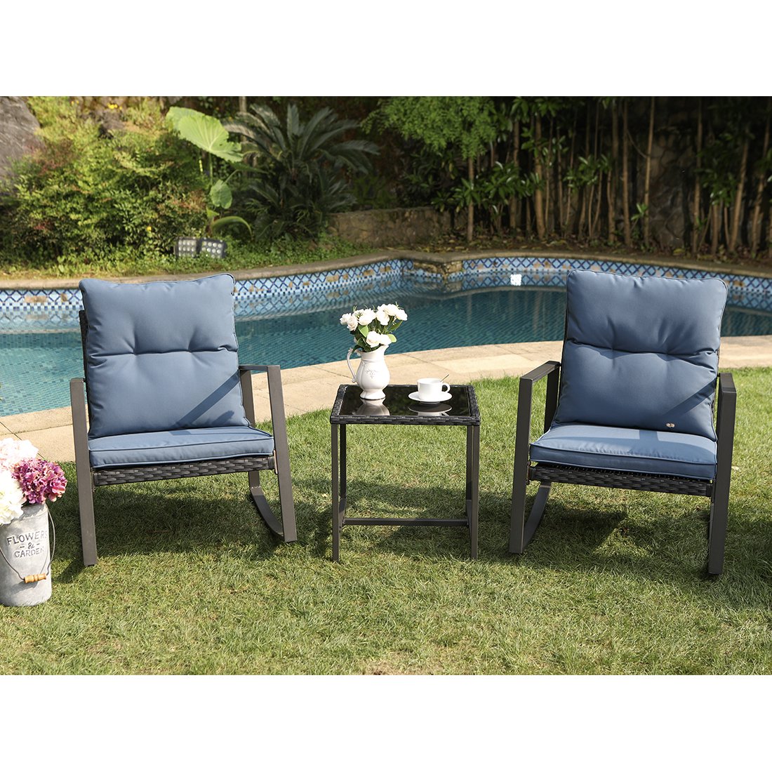 COSIEST Outdoor Bistro Rocking Chair Set with Blue Cushions, Steel Frame and Wicker Seat Base, Tempered Glass Top Coffee Table - image 1 of 13