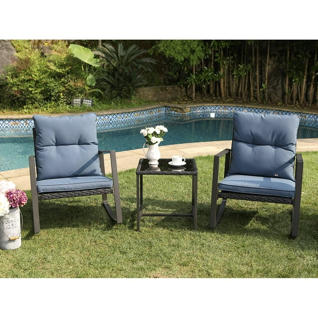 COSIEST Outdoor Bistro Rocking Chair Set with Blue Cushions, Steel Frame and Wicker Seat Base, Tempered Glass Top Coffee Table