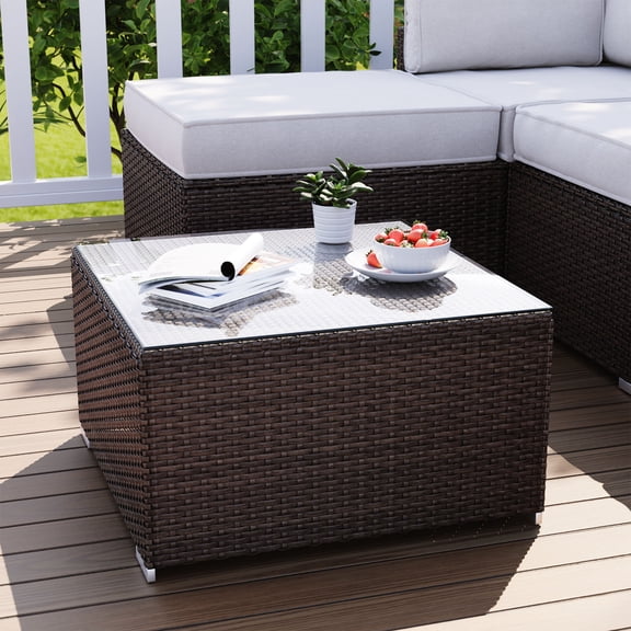 VENTOPYR Outdoor Coffee Table,Brown PE Wicker & Tempered Glass Top for Patio/Deck