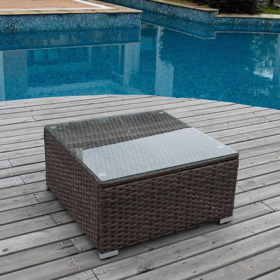 COSIEST Outdoor Coffee Table,Brown PE Wicker & Tempered Glass Top for Patio/Deck