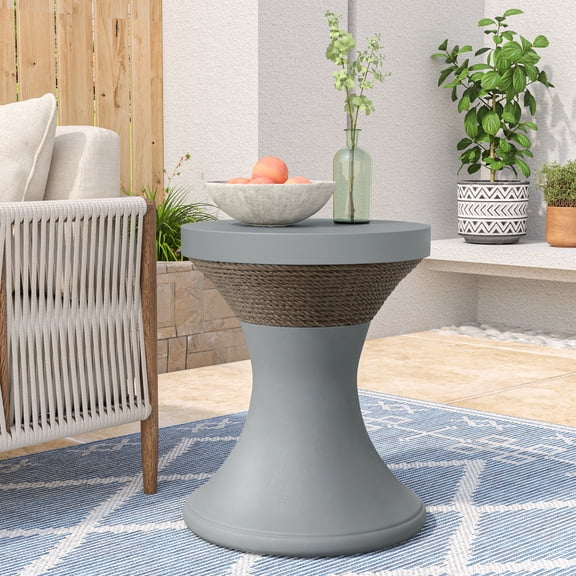 COSIEST Outdoor Grey Hourglass Shaped Concrete Accent Side Table w Hemp Rope Decor