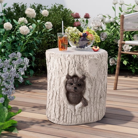COSIEST Outdoor Hand-Painted Wood Stump Stool w Sculpted Raccoon