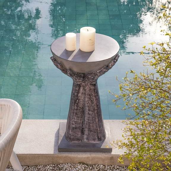 COSIEST Outdoor Side Table, Two Hands-Shaped Base w Round Top Accent Table, Lightweight Plant Stand, Concrete Finish