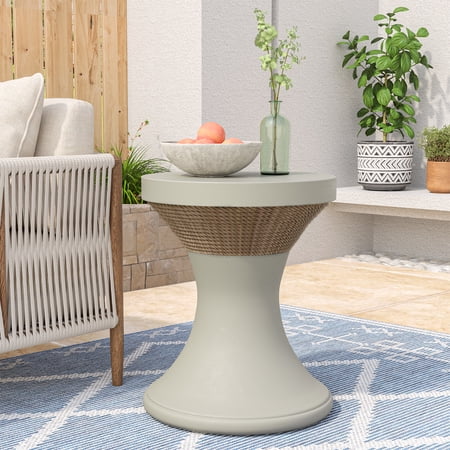 COSIEST Outdoor&Indoor Hourglass Shaped Sand Grey Concrete Accent Outside Coffee Table w Hemp Rope Decor