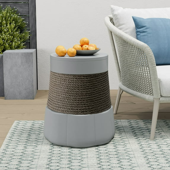 COSIEST Outdoor Lightweight Concrete Round Shaped Side Table w Hemp Rope Decor